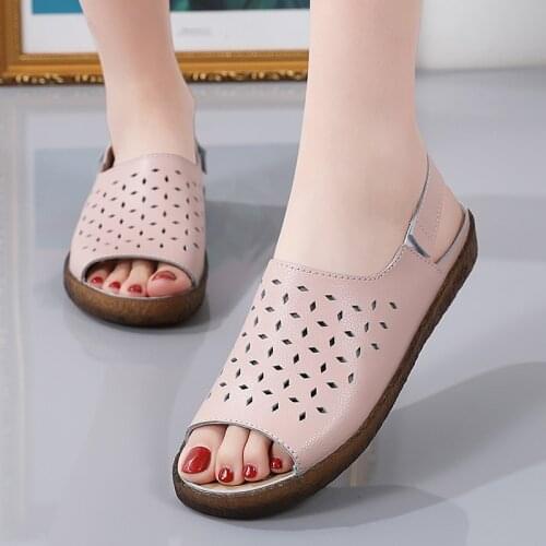 New Hollow Woman Sandals Cut Outs Women Summer Shoes Genuine Leather Female Flats Beach Womens Loafers Big Size 35-45