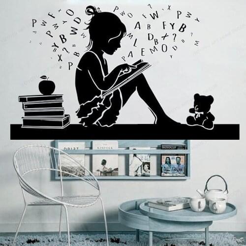 Book girl Vinyl Wall Decal Reading Room wall vinyl sticker Library decor Bookstore kids room art mural HJ426