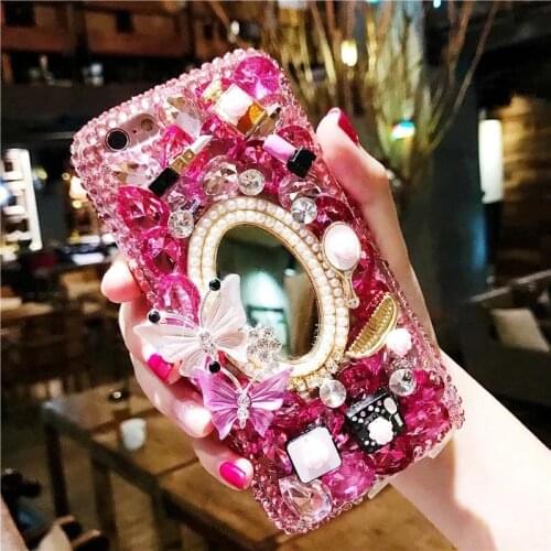 For Samsung Galaxy Note 20 10 9 8 S21 S20 FE Ultra S10 S9 S8 Plus Fashion 3D Makeup Mirror Flowers Bling Diamond Capa Case Cover