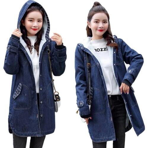 Fashion Winter Hooded Denim jacket for Women Korea Style autumn Lamb lining Jeans Coat Female warm long Outwear Plus size 5XL