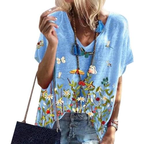 Plus Size Women T-shirt Loose V Neck Summer Butterfly Floral Print Short Sleeve Hot T-shirt Top for Work Summer T-shirts
