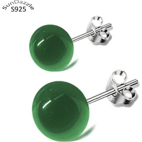 Real Pure Genuine Solid 925 Sterling Silver Stud Earrings for Men Women Jewelry Green Chrysoprase Calcedony Female Earrings