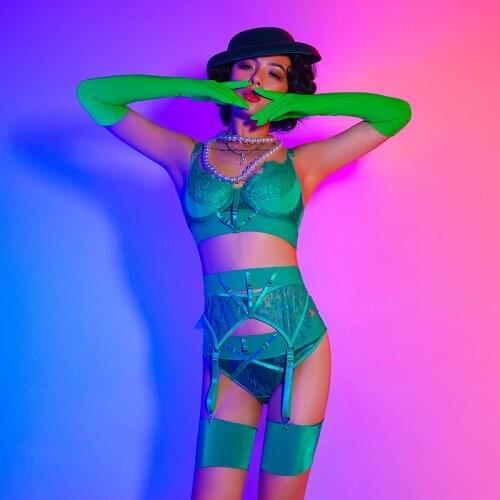 European Clothing Birthday Outfits For Women Green Bikini Sets Party Club Pole Dance Clothing Drag Queen Dj Costume Women BL5433