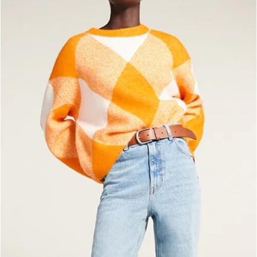 KUMSVAG 2021 ZA Women Autumn Casual Pullover Sweaters O-Neck Long Sleeve Loose Female Argyle Jacquard Street Sweater Clothing