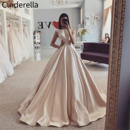 Cinderella Champagne Scoop Sleeveless A-Line Lace Up Back High Quality Satin Evening Dresses vestidos de fiesta de noche
