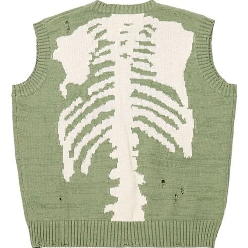 Skeleton Ripped Sweater Vest Men Women Cotton Sleeveless O-Neck Knit Sweater Hip-hop Loose Pullovers Oversize Streetwear Spring