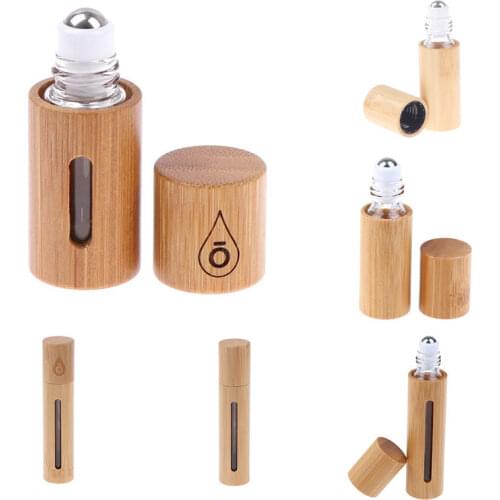 1PC Empty Natural Bamboo Wood Roll On Ball Bottle With Window Essential Oil Sub-bottling Perfumes Roller Bottle