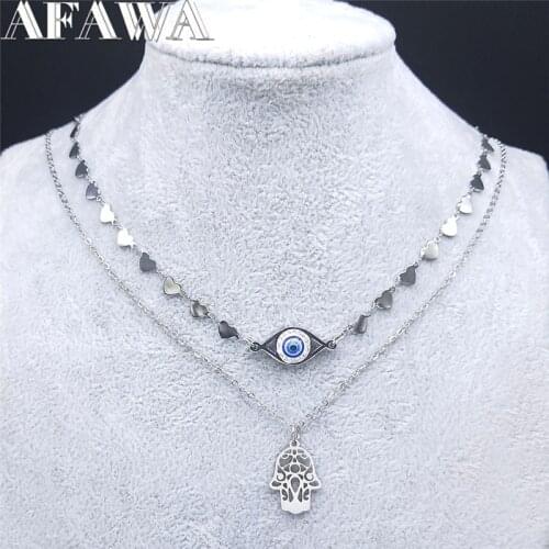 2PCS Muslim Turkish Eyes Hamsa Hand Islam Stainless Steel Crystal Necklaces Heart Chain Necklace Women Jewelry bijoux N9026S01