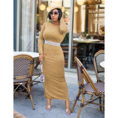 AHVIT Pearl Decoration Elegant Women Maxi Dress Long Sleeve Round Collar Skinny Fashion Party Dress YZ-A838