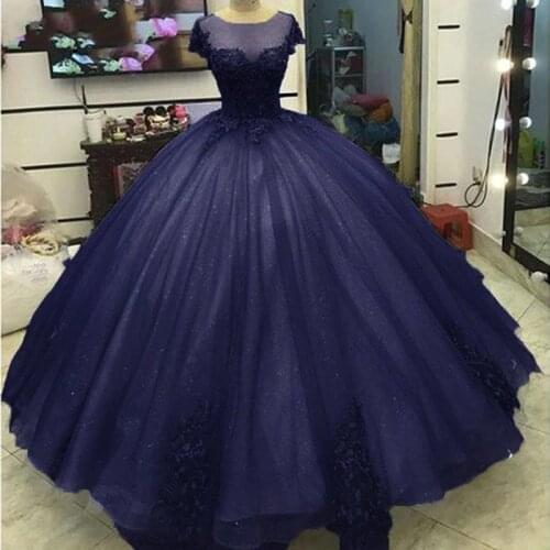 Angelsbridep Dark Blue Gown Quinceanera Dresses 2021 Sheer Neck Short Sleeves Sweet 16 Dresses Tulle Appliques Vestido 15 Anos