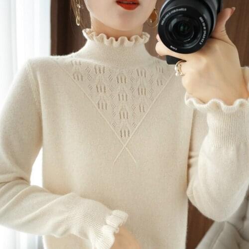 BELIARST 2021 Womens Autumn Winter New Half-High Neck Ruffled Hollow Knit Pullover 100% Wool Long-Sleeved Sweater Ladies' Tops