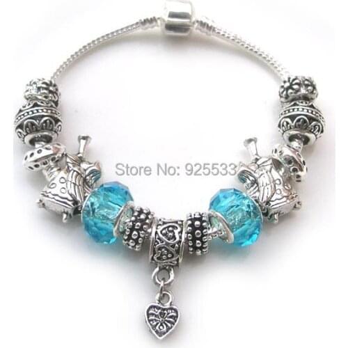 Free shipping 17-21cm silver plated copper snake chain & blue crystal big hole charms alloy beads fashion bracelet