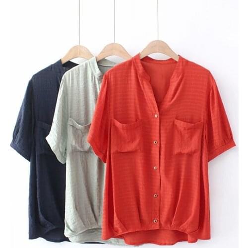 Summer Women Shirt Plus Size Tops Female Clothes Simple Short Sleeve Silk Linen Blouses 2021 Fashion Casual XL/4XL