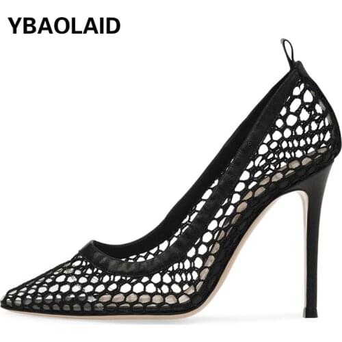 Black Sexy Fishnet Pointed Stiletto High-heeled Shoes 2021 Summer New Fashion Solid Color Shallow Mouth High-heeled Sandals