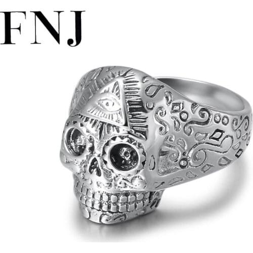 FNJ Punk Skull Rings 925 Silver Adjustable Size Open Popular S925 Solid Thai Silver Ring for Men Jewelry Fine