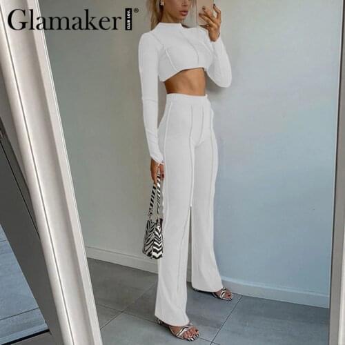 Glamaker Sexy backless chain 2 piece suit sets Women casual crop top and casual pants Fitness winter autumn long jumpsuits