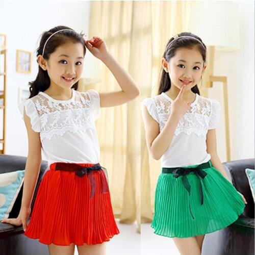 2PCS Kids Baby Girls Lace Floral T-shirt Tank Tops and Chiffon Skirt Outfits Set Kids Girl Clothes Set Summer