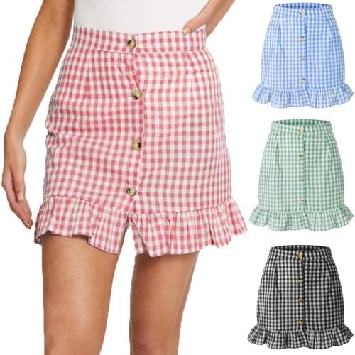 Summer Women Mini Skirt Plaid Ruffled Hem Women Skirts Polyester High Waist Single-breasted Skirt High waist skirt Women 2021
