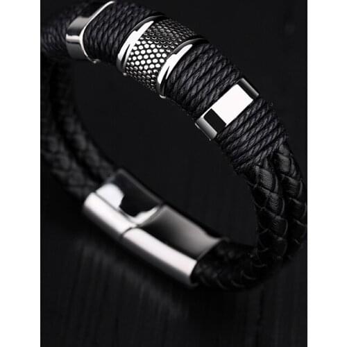 Fashion Braided Genuine Leather Bracelets for Men With 316L Stainless Steel Charm with Magnetic Clasp 18.5/19.5/20.5/22CM