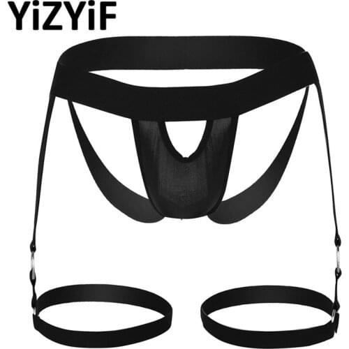 Men Lingerie bikini swimwear panties Bulge Pouch Open Butt Jockstrap G-string Briefs Underwear with Leg Garters Band and O-rings