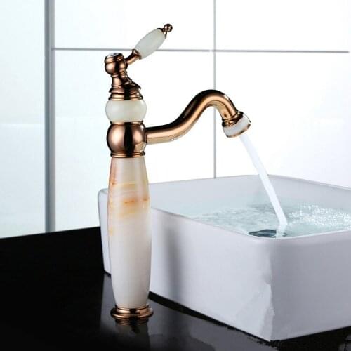 JADE STONE Brass rose gold finish bathroom wash basin vessel sink faucet mixer tall tap single handles /hole Luxury