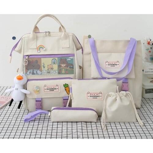 63HC 5Pcs/set Nylon School Backpacks Women Lovely Daypack for Teenage Girls Bookbags Students Travel Shoulder Bag