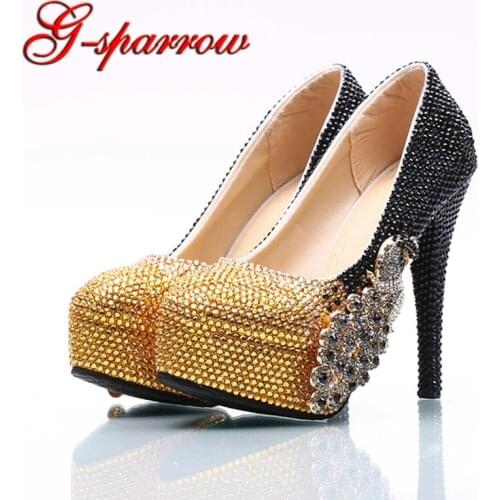 2018 New Customized High Heel Wedding Shoes Black and Gold Mix Color Bridesmaid Shoes with Phoenix Mother of the Bride Shoes
