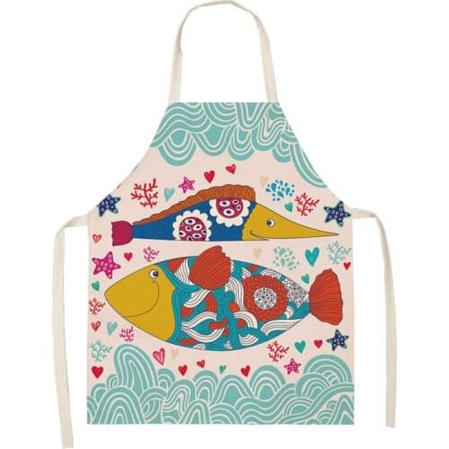 Cartoon Fish Pattern Cleaning Colorful Aprons Home Cooking Kitchen Apron Cook Wear Cotton Linen Adult Bibs Women Man Kid Apron