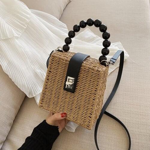 Handmade Luxury Handbags Women Crossbody Bags Designer Square Shoulder Bag Summer Knitted Straw Beach Bag Female Beaded Tote