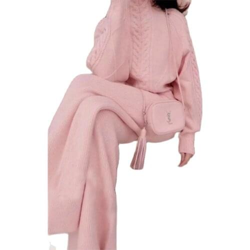 High-collar twist pink sweater two-piece womens knitted suit wide-leg pants western style suit tide Womens office suit