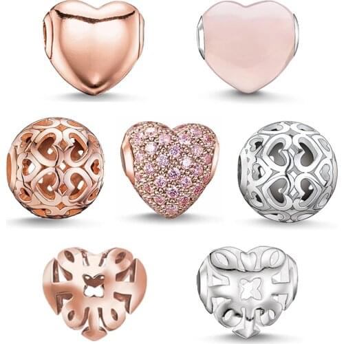 Rose Gold Heart Charm Beads 925 Sterling Silver DIY Jewelry Making Accessories Fit Bracelet Necklace Women Men Gifts Wholesale