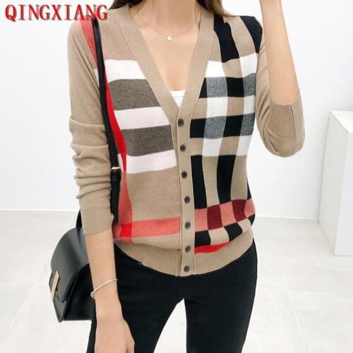 S-XL 2021 Knitted Deep V Neck Sweater Women Long Sleeve Spring Autumn Contrast Color Korean Version Cardigan Striped Knitwear