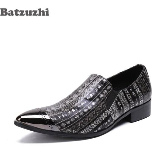 Batzuzhi Luxury Formal Genuine Leather Dress Shoes Italy Style Mens Leather Shoes Pointed Metal Tip Print Pattern Zapatos Hombre