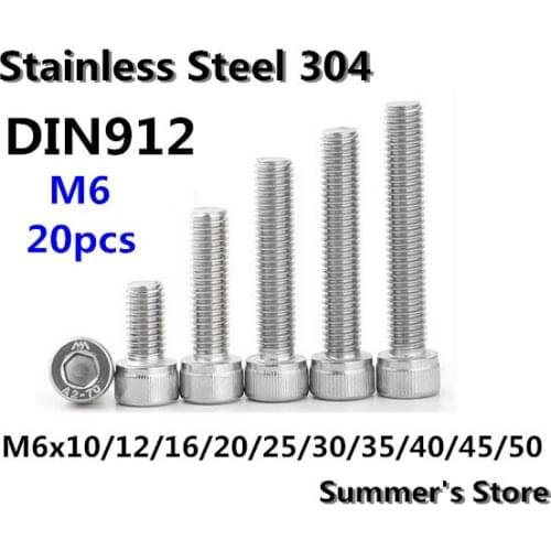 20pcs/lot DIN912 Hex Socket Head Cap Screw M6 Stainless Steel screw M6*10/12/16/20/25/30/35/40/45/50mm bolts