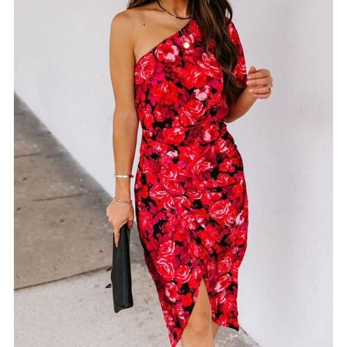 Vintage French Style Dresses for Women One-Shoulder Floral Printed Womens Formal Dresses 2021 Women Fashion Clothing Vestido