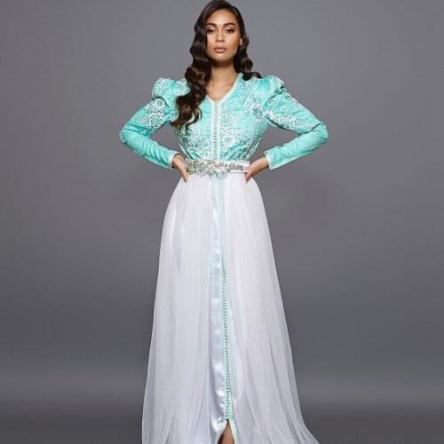 Green Elegant Moroccan Caftan Evening Dress With Applique Tulle Lace Saudi Arabia Dubai Robe Summer Dress Custom Made Plus Size