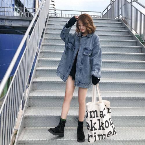 Hong Kong Style Spring and Autumn New Denim Jacket Female Student Korean Harajuku Style Loose Retro BF Mid-length Jacket Jacket