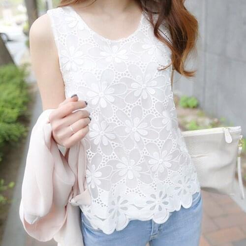 Women Blouses 2021 Plus Size S-6XL Tops Sleeveless Chiffon White Shirt Embroidered Flowers Ladies Blusas Femininas XXXXXL
