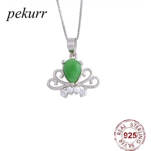 Pekurr 925 Sterling Silver Green Jade Flower Crown Necklaces For Women Elegant Emerald Crown Pendants Wedding Fashion Jewelry