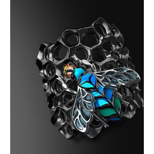 Cute Female Bee Blue Enamel Ring Set Charm 14KT Black Gold Wedding Rings For Women Vintage Bride Crystal Hollow Engagement Ring