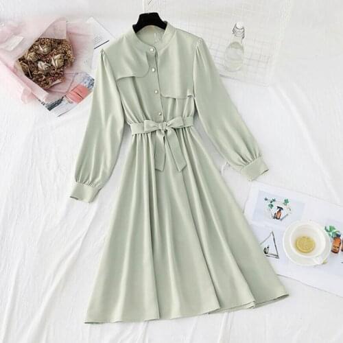 2021 Women Elegant Dress With Belt Solid Color O-Neck Office Lady A-line Dresses Spring Long Sleeve Dress Party Vestidos