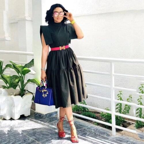 Summer Big Swing Sleeveless Women Black Ruffles Modest Dress High Waist Temperament Elegant Office Work Wear Dress Knee Length