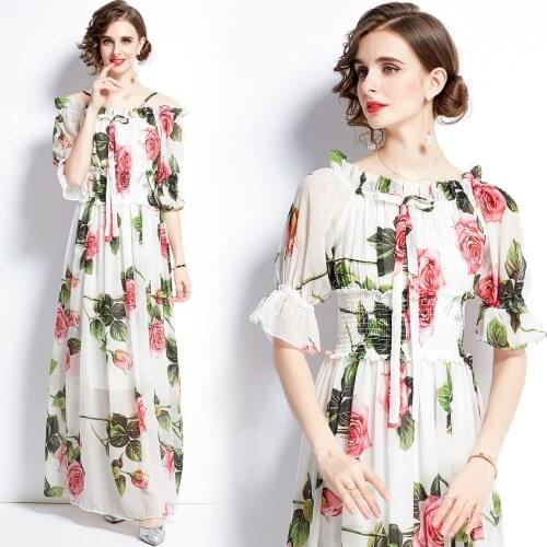 Runway Sicilian Red Roses Summer Floral Dress Women Sleeve Sexy Slash Neck Elastic Waist Mid Calf Floor Length Dresses Plus Size