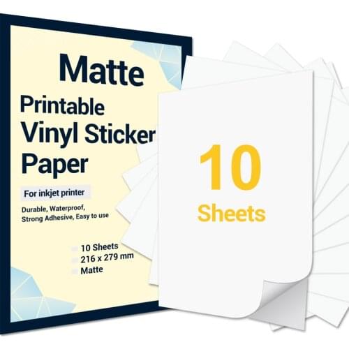 10 Sheets Printable Vinyl Sticker Paper Letter Size Matte Self-Adhesive Printer Copy Paper for Epson Inkjet Printer DIY Crafts