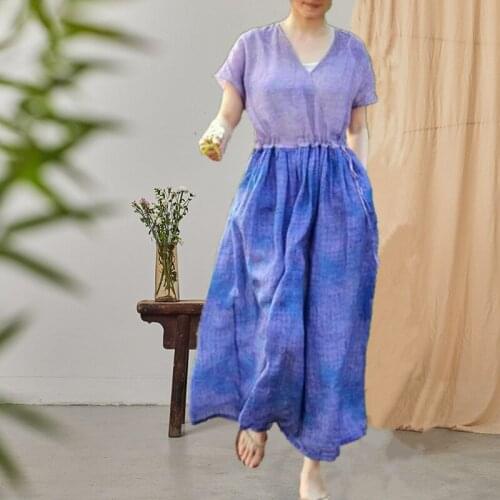 19 Years Cool And Refreshing Thin Ramie Purple Blue Up And Down Hit Color V Lead Waist Pulling Rope Easy Dress 70705