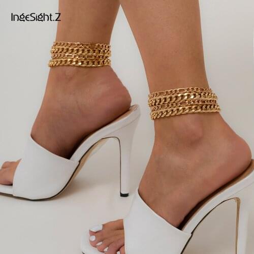 IngeSight.Z 4Pcs/Set Kpop Miami Curb Aluminium Chain Anklets On Foot Barefoot Sandals Women Summer Beach Bracelet Anklet Jewelry