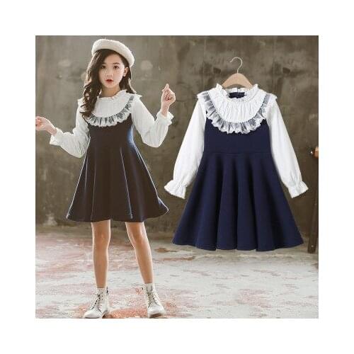 Spring and autumn new 5-10 year old girl baby fashion dress children lace girl fake two piece wild pleated princess dress