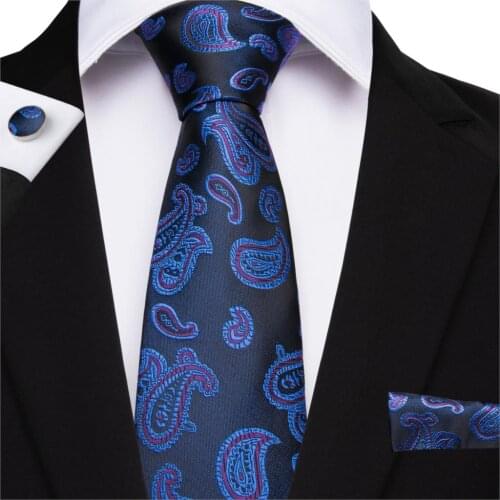 DiBanGu 2019 Fashion Blue Tie 160cm Paisley Ties 100% Silk Necktie Hanky Cufflinks Tie for Men Business Wedding Tie Set MJ-7509