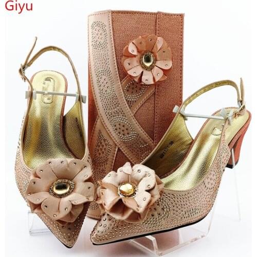 Doershow latest design African Wedding Shoes and Bag Set peach Italian Shoes with Matching Bags Nigerian Women party! SGO1-11