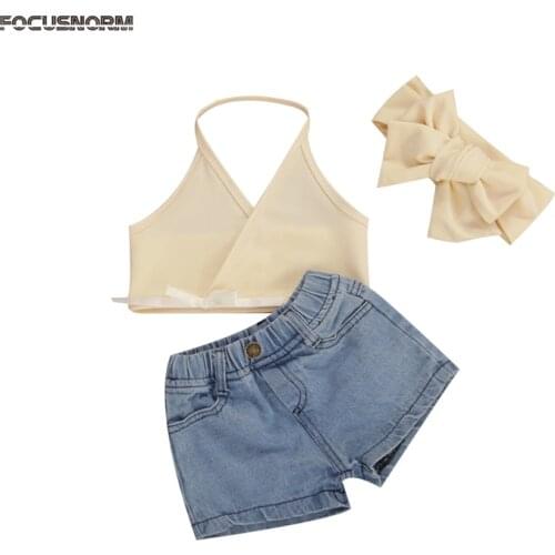 FOCUSNORM 1-5Y Fashion Girls Clothes Sets Sleeveless Vest V Neck Tops Denim Blue Shorts Headband 3pcs Outfits